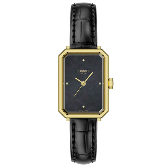 The Tissot SRV Quartz 30mm Watch by Tissot features a rectangular gold-tone case, dark dial, minimalist gold hour and minute hands, and a black leather strap, displayed against a white background.