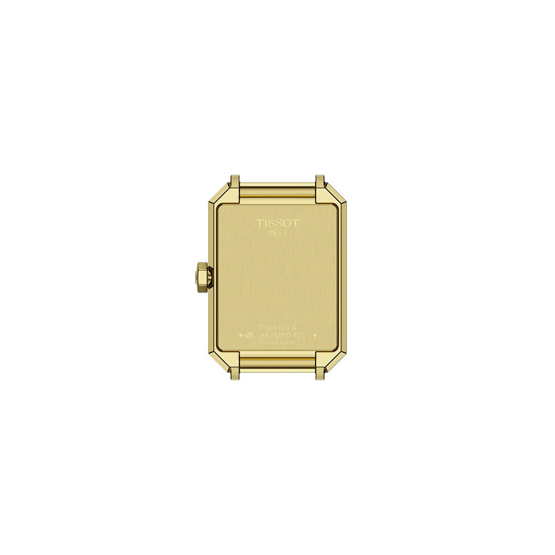 The Tissot SRV Quartz 30mm Watch by Tissot features a rectangular gold-colored case shown from the back, with engraved text, a left-side crown, and corner lugs—a classic sapphire rectangle design.