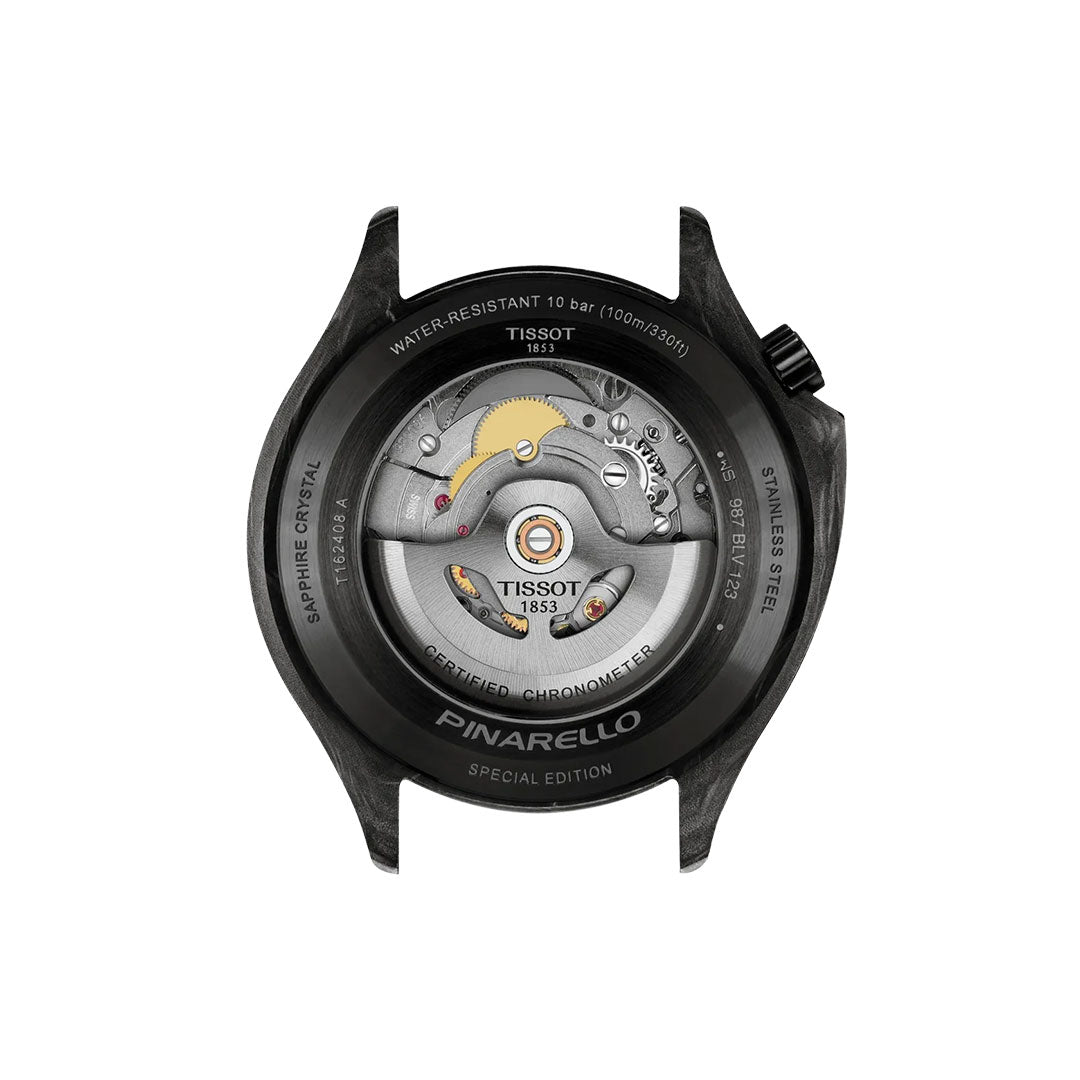 Back view of the Tissot Pinarello Mechanical Automatic COSC 43mm Watch, highlighting Swiss craftsmanship, exposed movement with Tissot-branded rotor, and engraved details on its stainless steel forged carbon case.