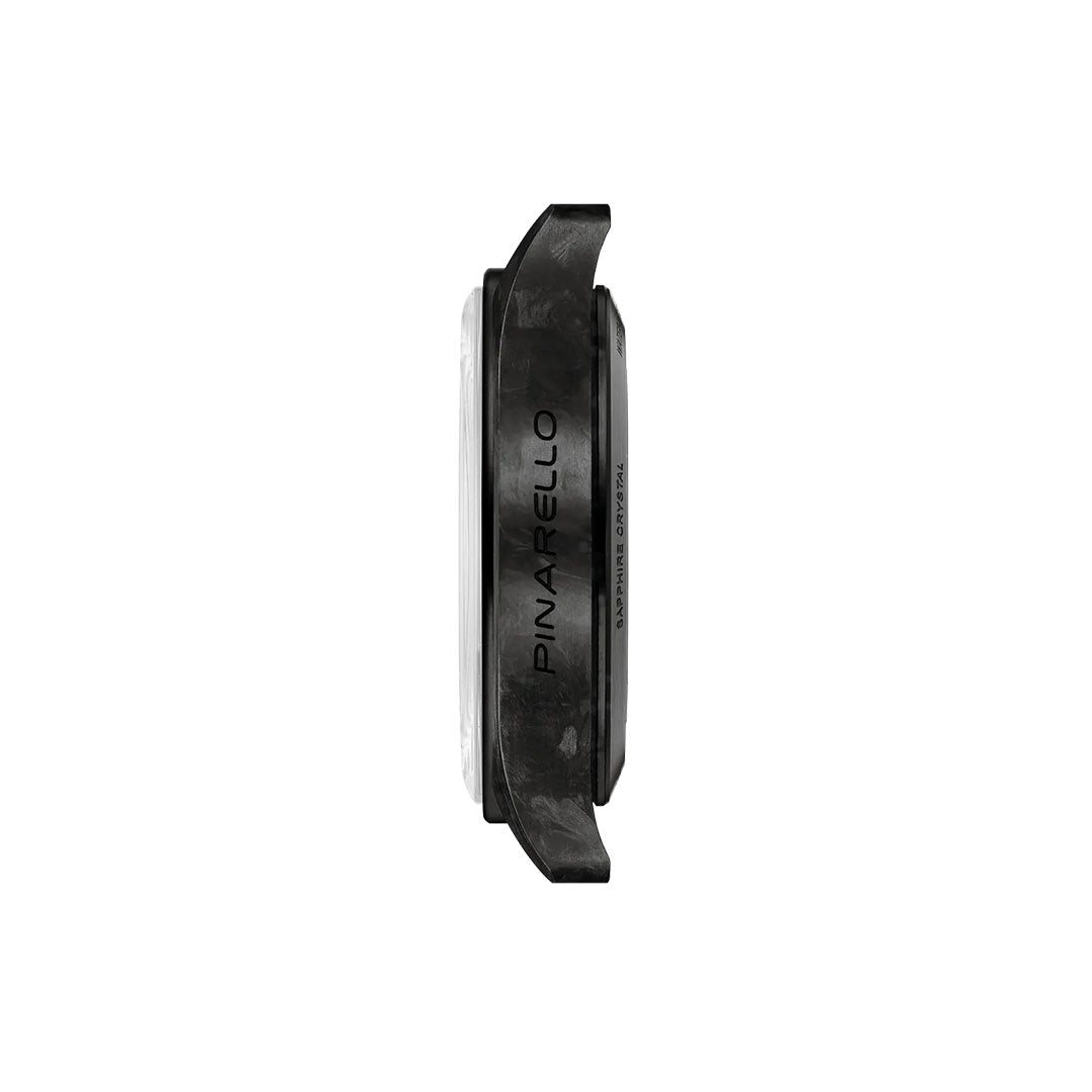 A black, side-view bicycle headset cap with "TISSOT" printed vertically on the visible surface, set against a plain white background—an accessory inspired by the Tissot Pinarello Mechanical Automatic COSC 43mm Watch.
