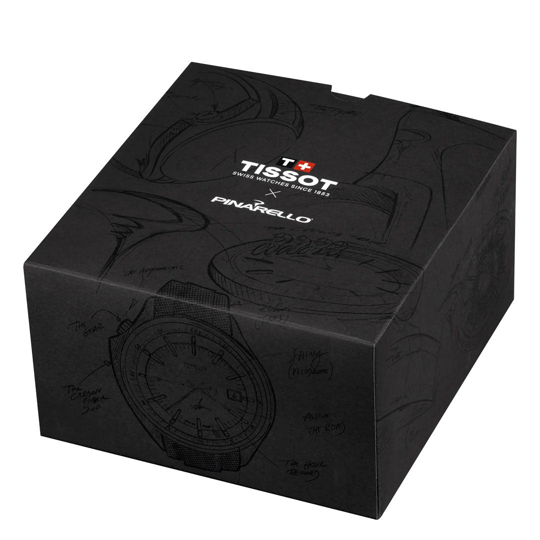 The Tissot Pinarello Mechanical Automatic COSC 43mm Watch comes in a sleek black box with Tissot and Pinarello logos, plus subtle line drawings of bicycles and watches—a refined tribute to the famed performance bike brand.