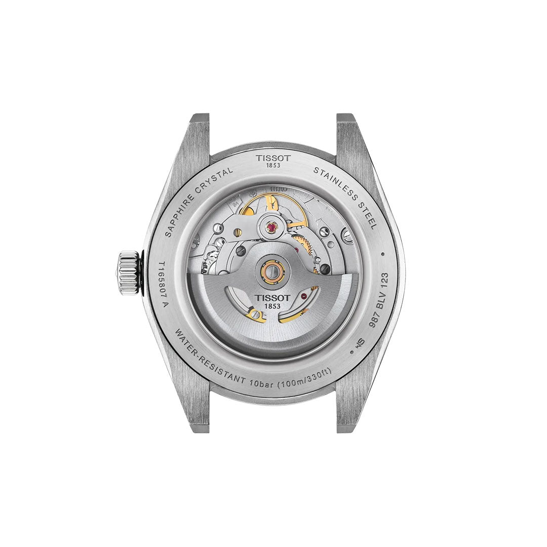 Rear view of the Tissot Gentleman Powermatic 80 Automatic 38mm watch displays its movement through a transparent sapphire caseback, with water resistance, material, and model details engraved on the stainless steel edges.