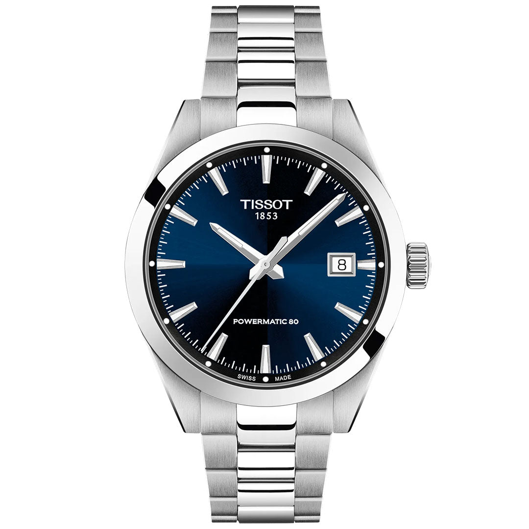 The Tissot Gentleman Powermatic 80 Automatic 38mm Watch features a blue gradient dial, silver markers and hands, date at 3 o'clock, stainless steel bracelet, and displays "Tissot 1853" and "Powermatic 80" on the face.