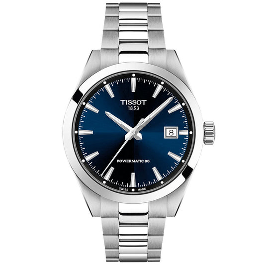 The Tissot Gentleman Powermatic 80 Automatic 38mm Watch features a blue gradient dial, silver markers and hands, date at 3 o'clock, stainless steel bracelet, and displays "Tissot 1853" and "Powermatic 80" on the face.
