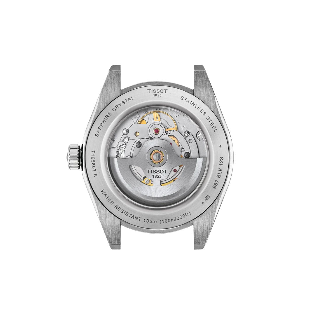 Back view of the Tissot Gentleman Powermatic 80 Automatic 38mm Watch displaying its stainless steel case, sapphire crystal, automatic movement, and engraved water resistance details on the back.