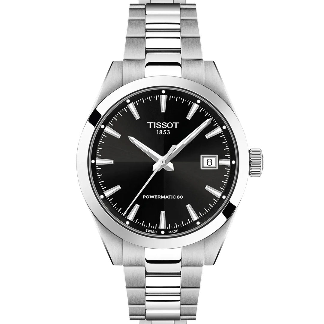 The Tissot Gentleman Powermatic 80 Automatic 38mm Watch features a silver stainless steel bracelet, black dial with silver markers and hands, date at 3 o’clock, and displays "Tissot 1853" and "Powermatic 80" on the face.