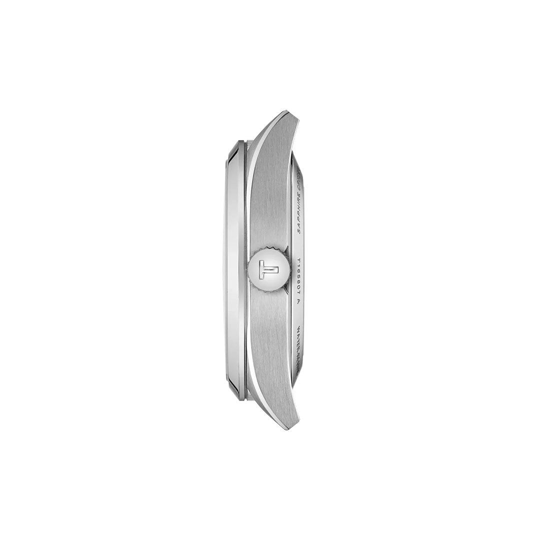 Side view of the Tissot Gentleman Powermatic 80 Automatic 38mm watch, highlighting its sleek silver case, textured crown, and thin profile against a white background.