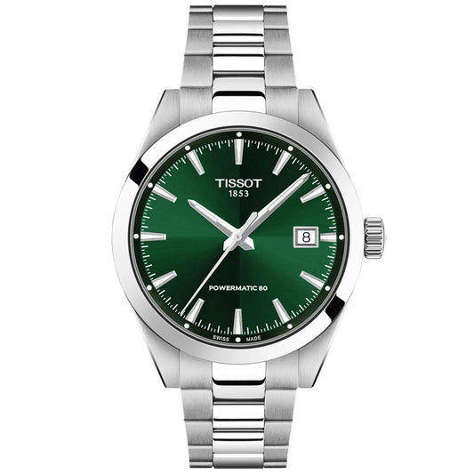The Tissot Gentleman Powermatic 80 Automatic 38mm Watch by Tissot features a stainless steel case, metallic band, green dial, silver hour markers, date window at 3 o'clock, and "Powermatic 80" text near 6 o'clock.