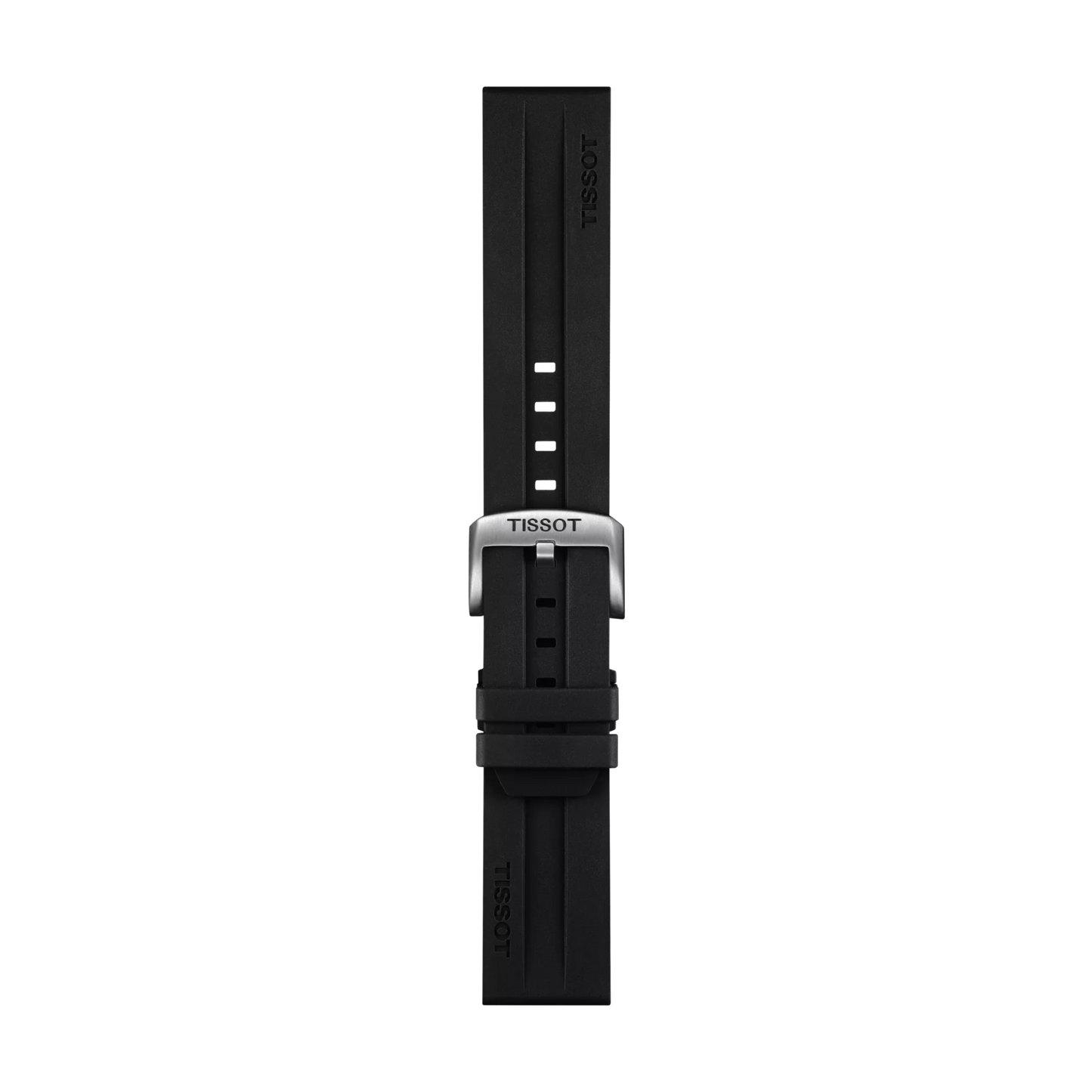 The Tissot Official Black Rubber Strap (22 mm lugs) features a central groove and multiple adjustment holes, complemented by a silver buckle. The strap is branded by Tissot and displayed against a plain white background.