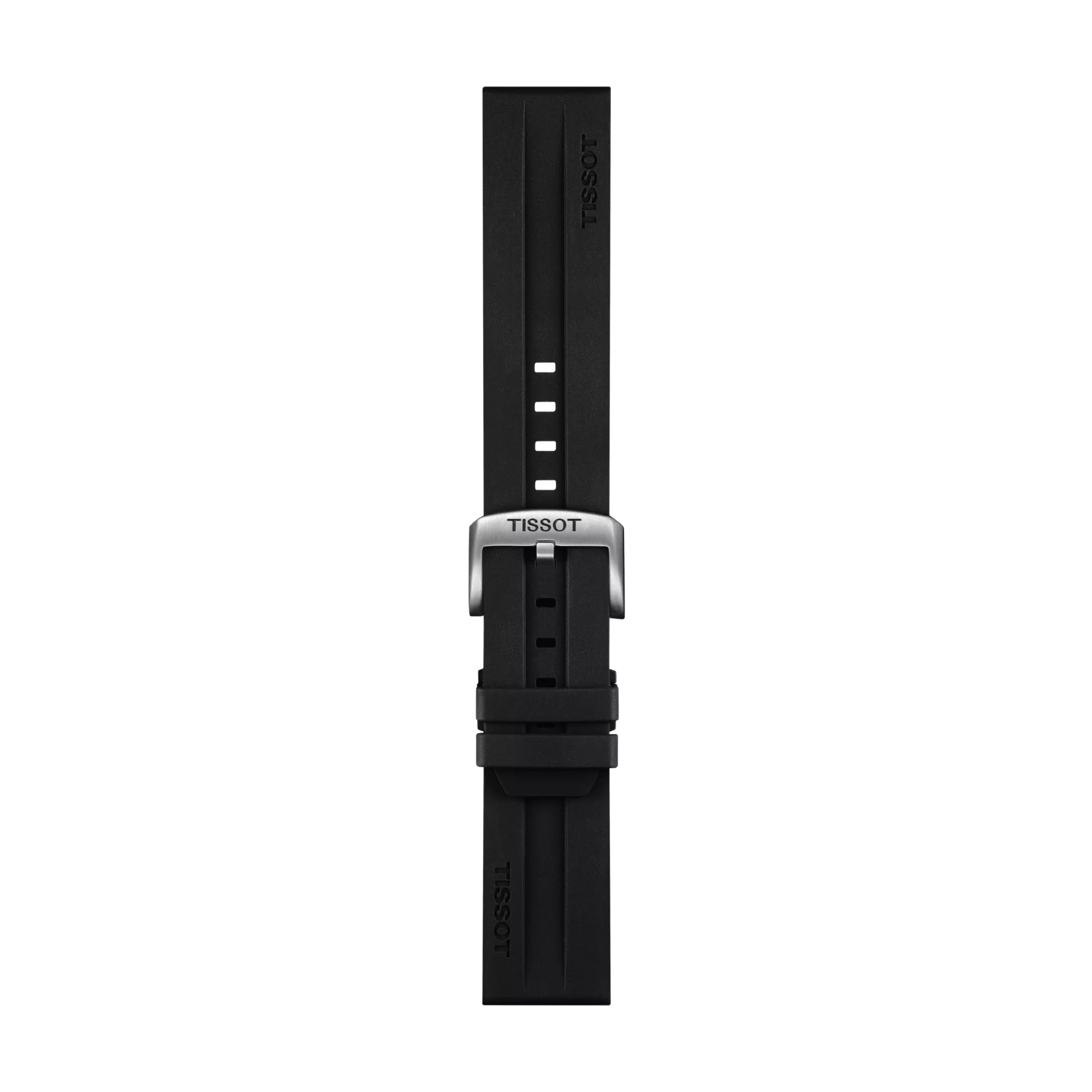 The Tissot Official Black Rubber Strap (22 mm lugs) features a central groove and multiple adjustment holes, complemented by a silver buckle. The strap is branded by Tissot and displayed against a plain white background.