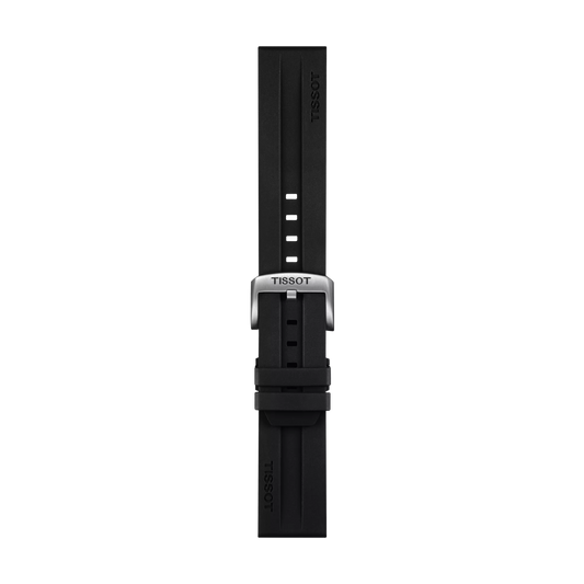 The Tissot Official Black Rubber Strap (22 mm lugs) features a central groove and multiple adjustment holes, complemented by a silver buckle. The strap is branded by Tissot and displayed against a plain white background.