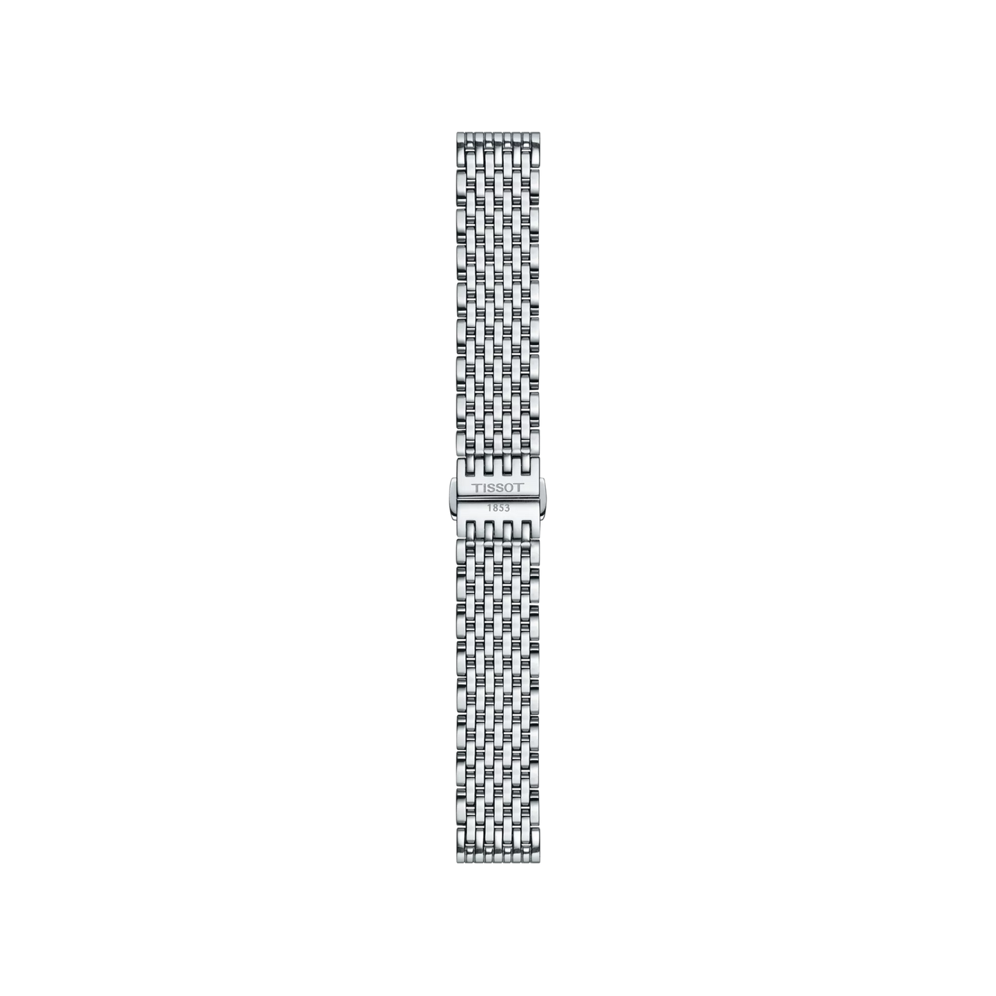 The Tissot Official Stainless Steel Bracelet, designed for 16 mm lugs, is displayed vertically on a white background, showcasing its elegant woven mesh pattern and a clasp engraved with the Tissot logo.