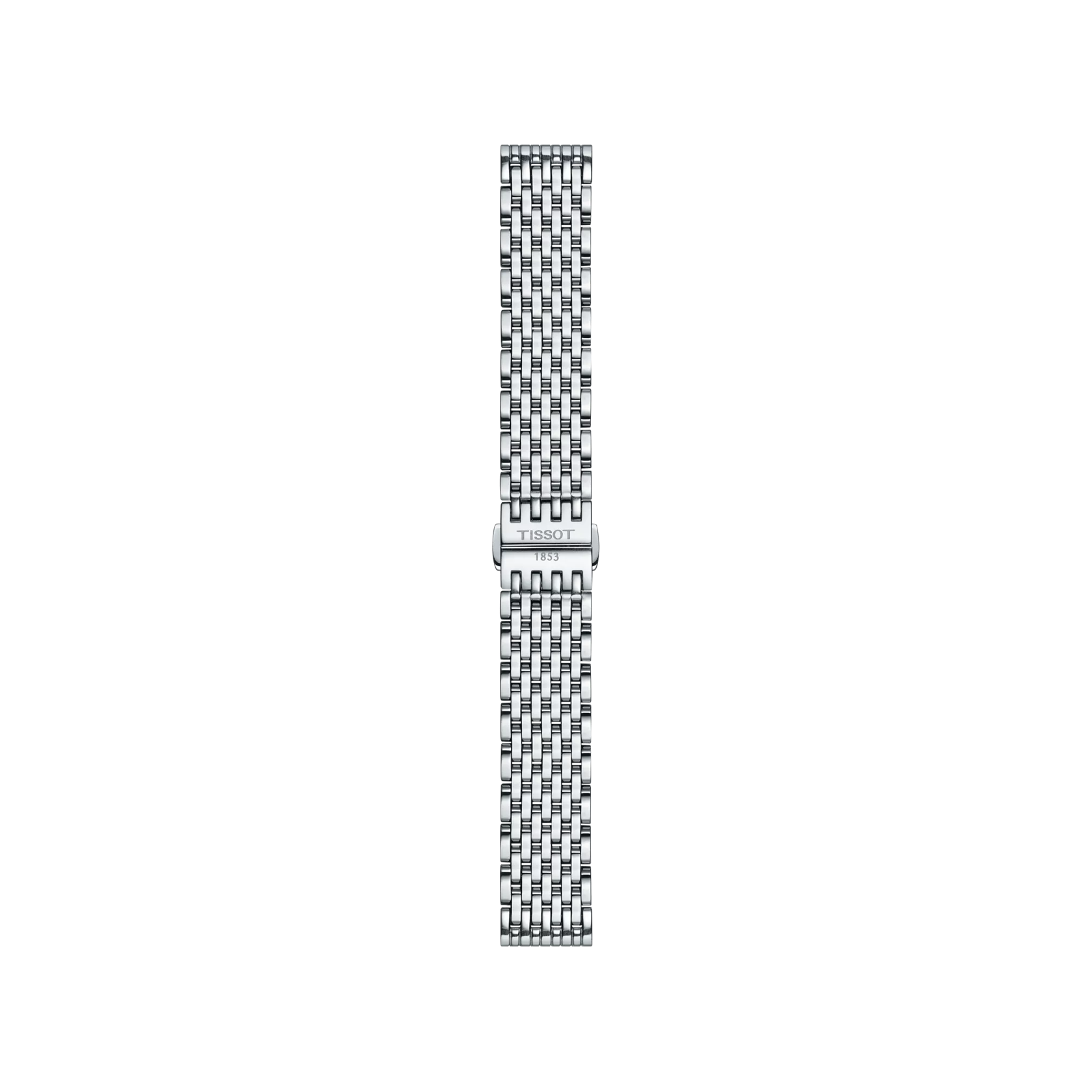 The Tissot Official Stainless Steel Bracelet, designed for 16 mm lugs, is displayed vertically on a white background, showcasing its elegant woven mesh pattern and a clasp engraved with the Tissot logo.