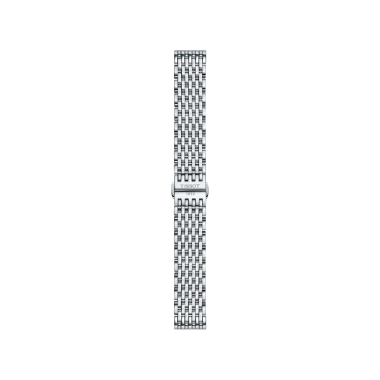 The Tissot Official Stainless Steel Bracelet, designed for 16 mm lugs, is displayed vertically on a white background, showcasing its elegant woven mesh pattern and a clasp engraved with the Tissot logo.