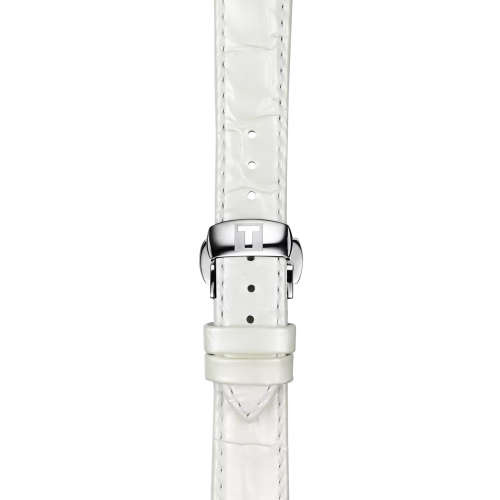 Close-up of the Tissot Official White Leather Strap (Lugs 16 mm) featuring a silver clasp with a raised "T" logo, set against a plain white background.