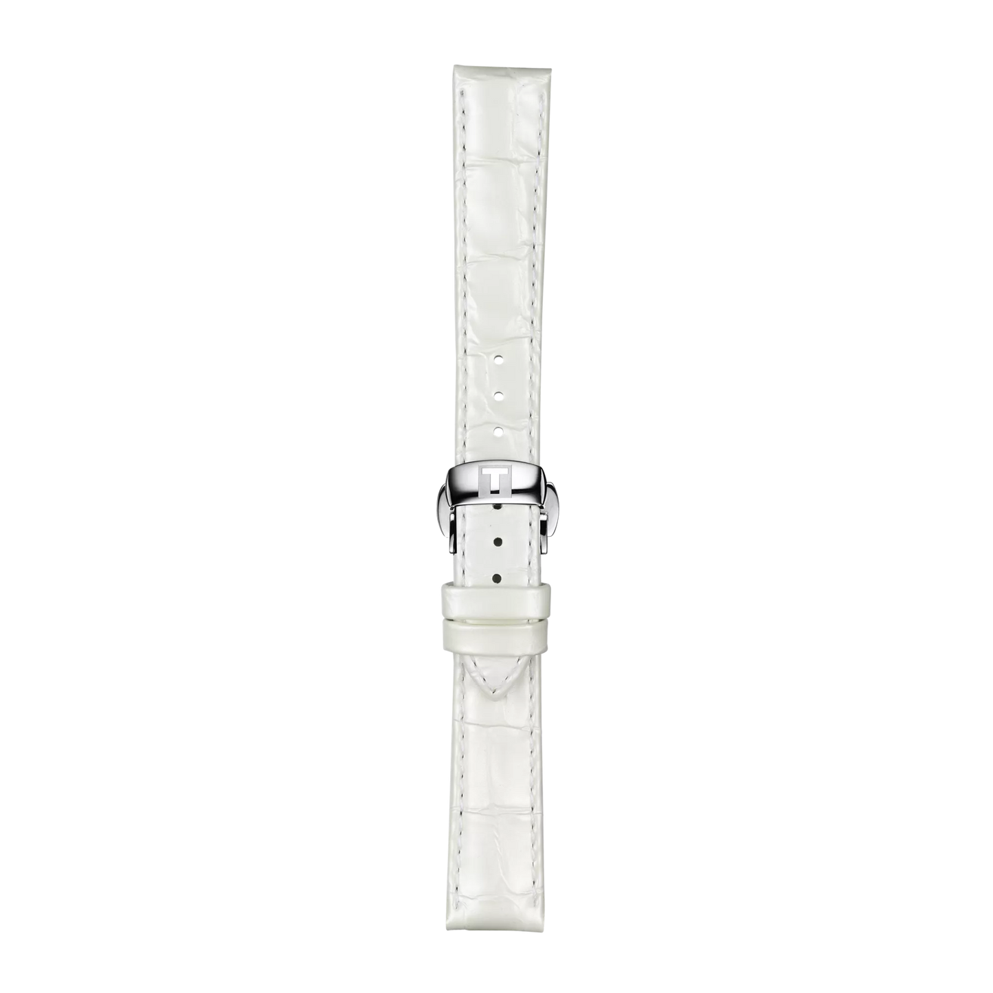 The Tissot Official White Leather Strap with 16 mm lugs features a crocodile pattern, a silver buckle, and multiple adjustment holes. It is displayed vertically against a plain white background.