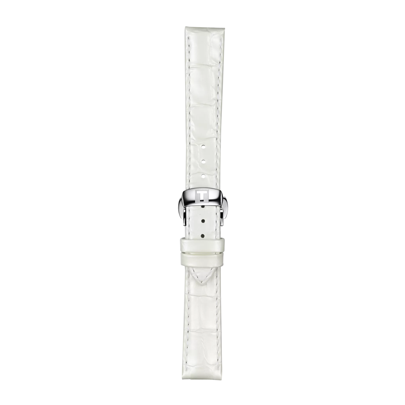 The Tissot Official White Leather Strap with 16 mm lugs features a crocodile pattern, a silver buckle, and multiple adjustment holes. It is displayed vertically against a plain white background.