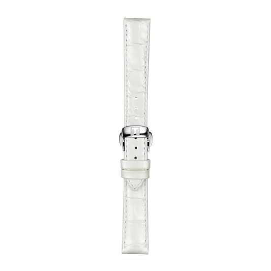 The Tissot Official White Leather Strap with 16 mm lugs features a crocodile pattern, a silver buckle, and multiple adjustment holes. It is displayed vertically against a plain white background.