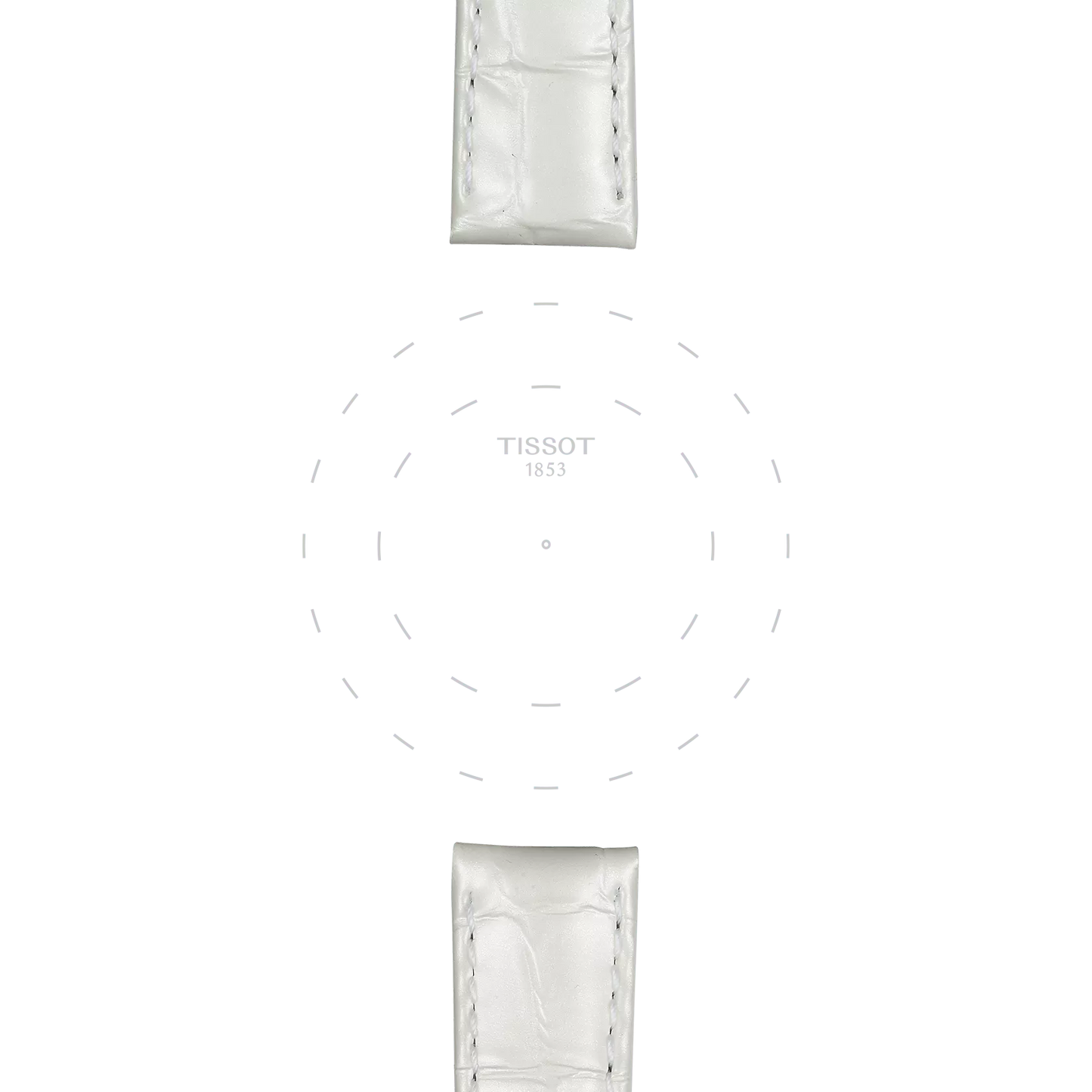 White leather watch straps from Tissot, model "Official White Leather Strap Lugs 16 mm," are arranged at the top and bottom against a white background. A faint dashed circle and the text "TISSOT 1853" appear centered, with no watch face visible.