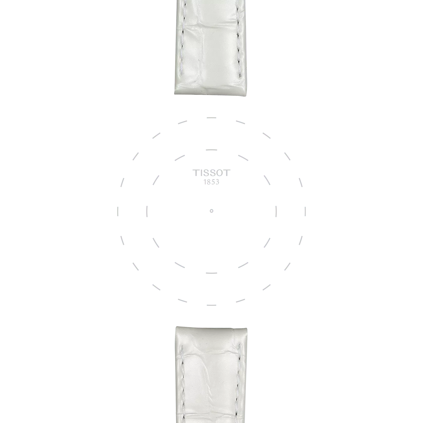 White leather watch straps from Tissot, model "Official White Leather Strap Lugs 16 mm," are arranged at the top and bottom against a white background. A faint dashed circle and the text "TISSOT 1853" appear centered, with no watch face visible.