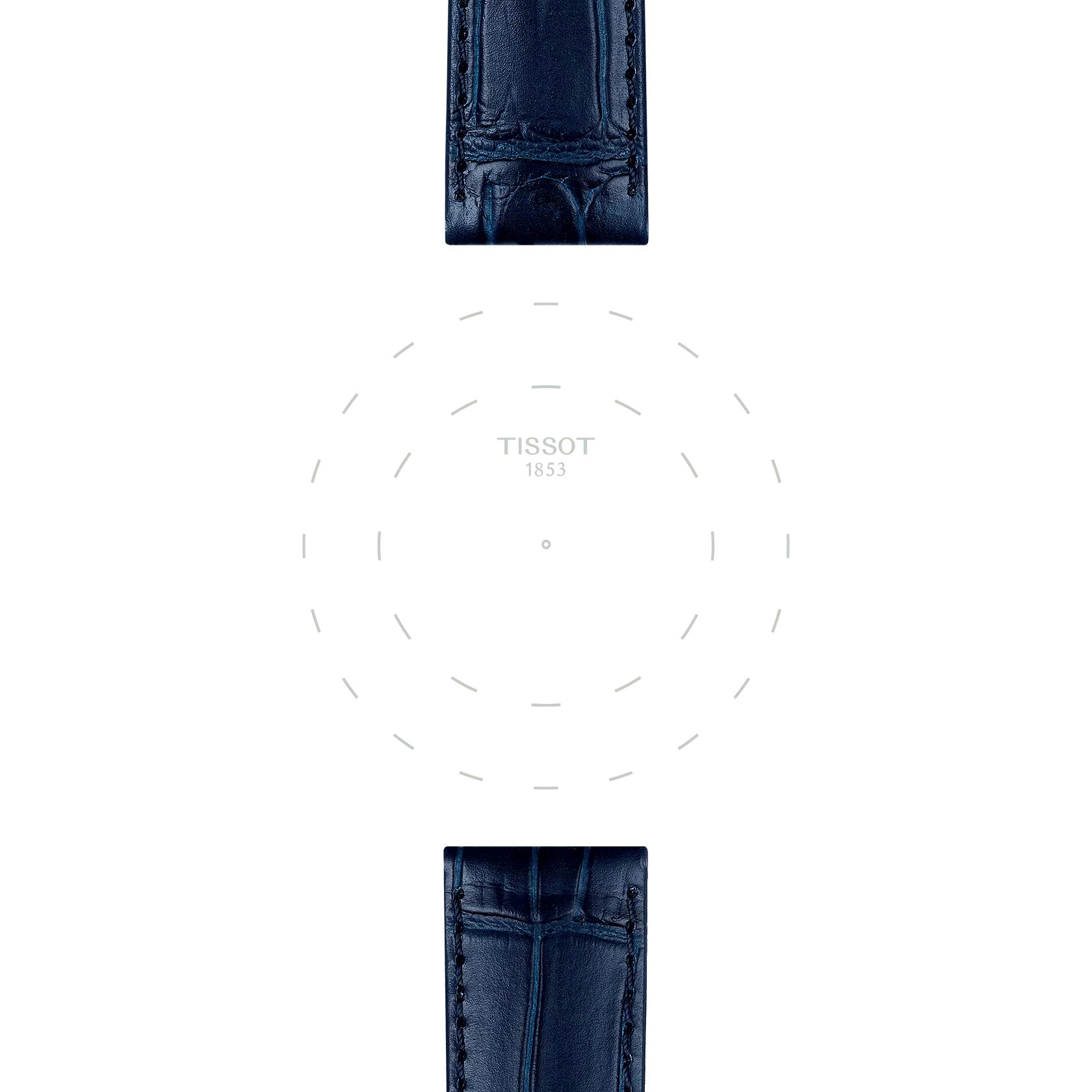 Two Tissot Official Blue Leather Straps with 20 mm lugs are aligned vertically above and below a faint, circular outline of a Tissot watch face on a white background. The watch face features only dotted hour markers, without any hands or numbers.