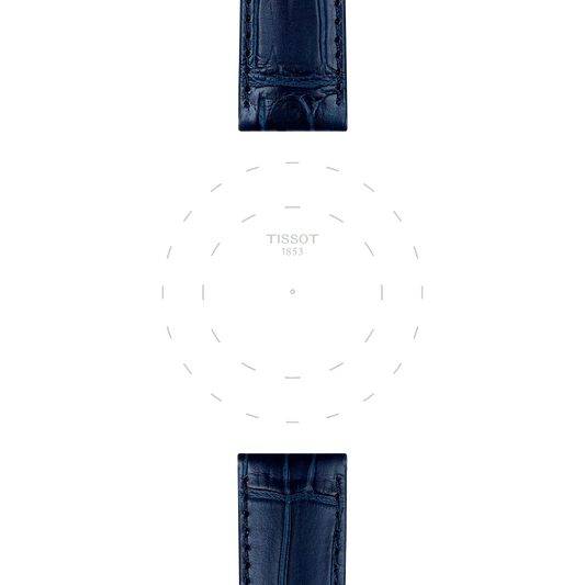 Two Tissot Official Blue Leather Straps with 20 mm lugs are aligned vertically above and below a faint, circular outline of a Tissot watch face on a white background. The watch face features only dotted hour markers, without any hands or numbers.