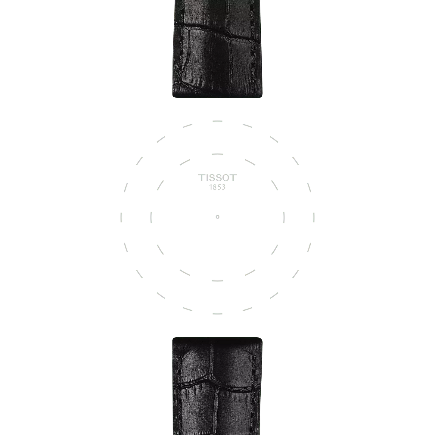 Tissot Official Black Leather Strap Lugs 22 mm, displayed vertically on a white background with a dashed circle and the “Tissot 1853” logo at the center, evoking the outline of a watch face without the actual timepiece.