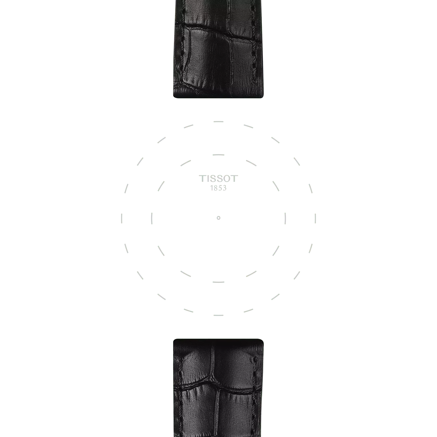 Tissot Official Black Leather Strap Lugs 22 mm, displayed vertically on a white background with a dashed circle and the “Tissot 1853” logo at the center, evoking the outline of a watch face without the actual timepiece.