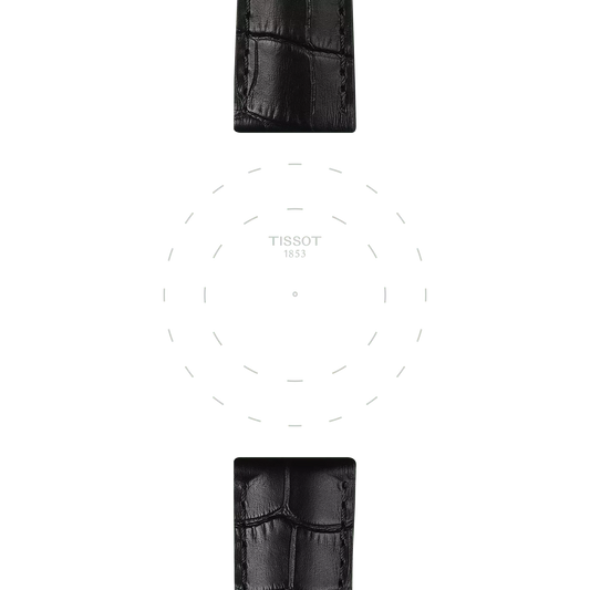 Tissot Official Black Leather Strap Lugs 22 mm, displayed vertically on a white background with a dashed circle and the “Tissot 1853” logo at the center, evoking the outline of a watch face without the actual timepiece.