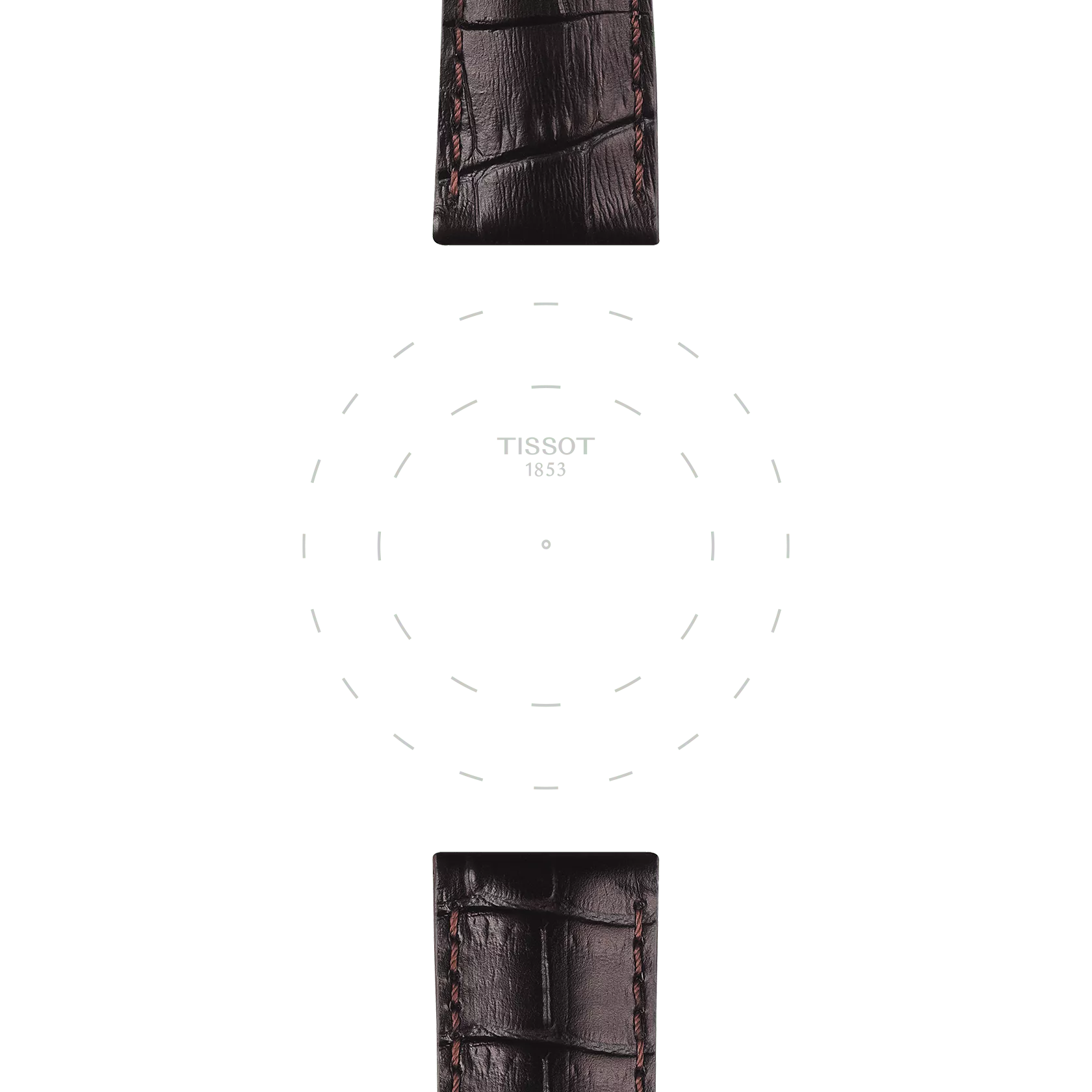 A Tissot Official Brown Leather Strap with a 22 mm lug width and crocodile pattern is displayed at the top and bottom of the image. In the center, a subtle Tissot 1853 logo appears, encircled by dashed lines on a white background.