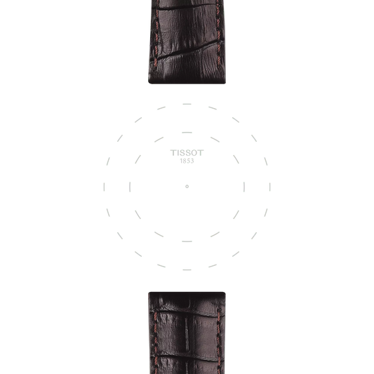 A Tissot Official Brown Leather Strap with a 22 mm lug width and crocodile pattern is displayed at the top and bottom of the image. In the center, a subtle Tissot 1853 logo appears, encircled by dashed lines on a white background.