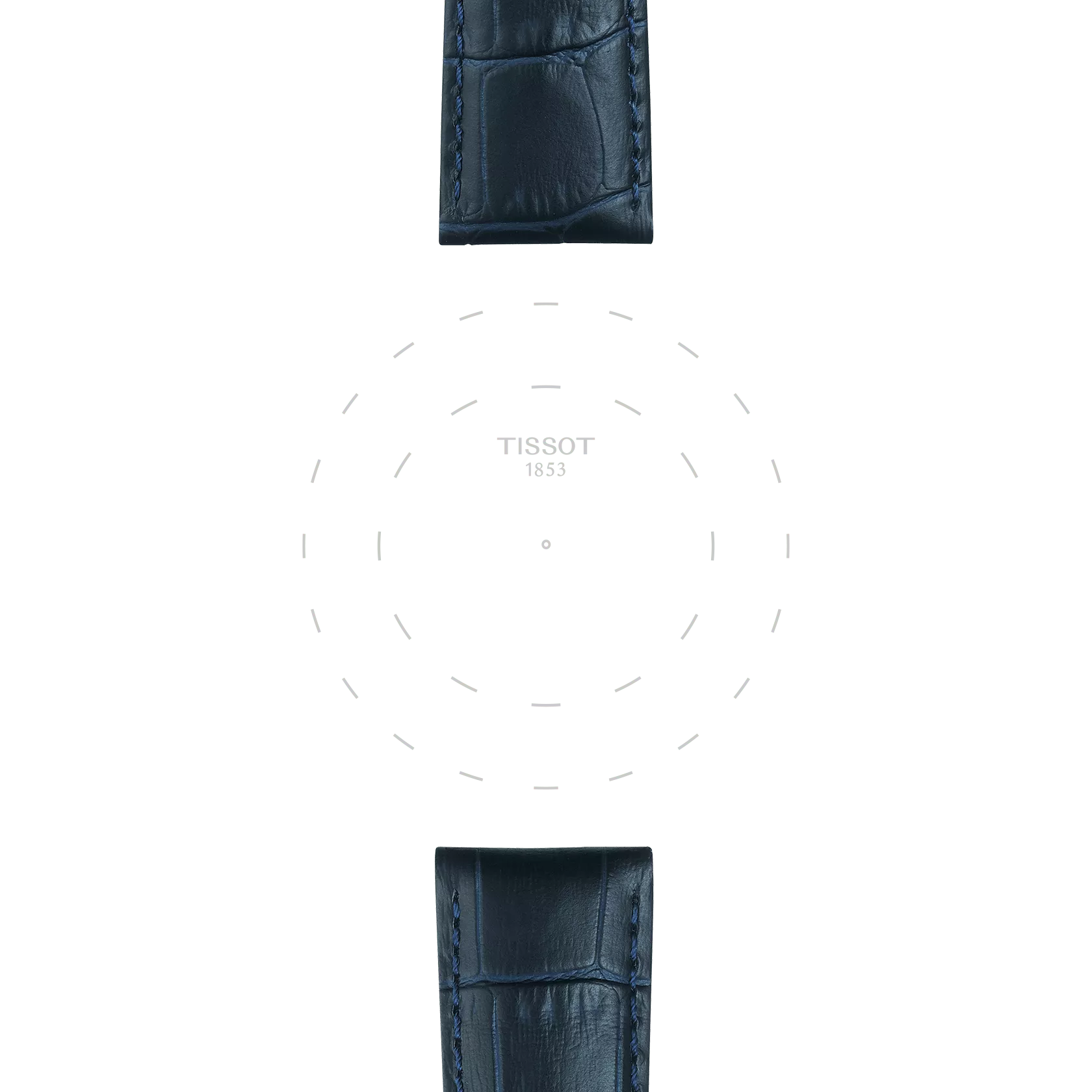 Two Tissot Official Blue Leather Strap Lugs 21 mm are displayed at the top and bottom of the image on a light background, with the Tissot logo and faint circular dashed lines in the center. No watch face or hands are visible.