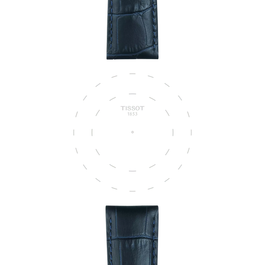 Two Tissot Official Blue Leather Strap Lugs 21 mm are displayed at the top and bottom of the image on a light background, with the Tissot logo and faint circular dashed lines in the center. No watch face or hands are visible.