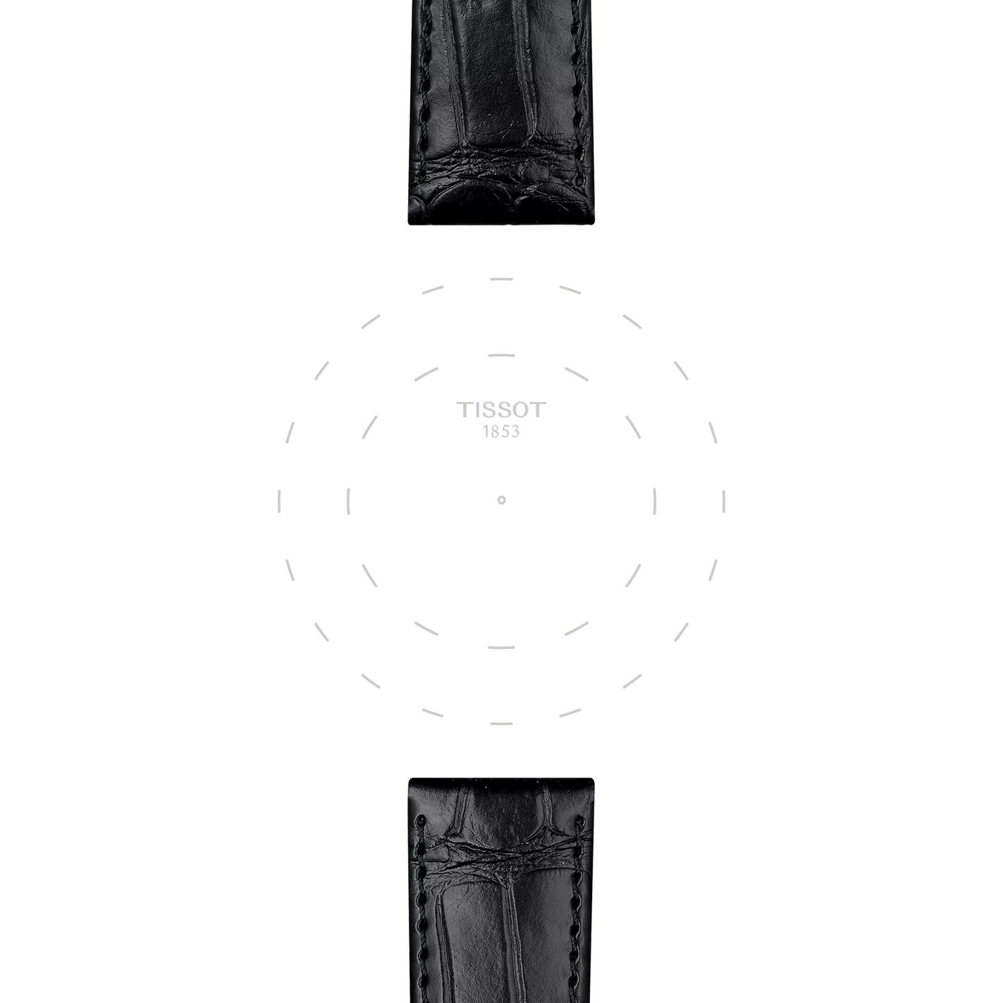 A minimalist image features two Tissot Official Black Leather Strap Lugs 20 mm—one positioned at the top and one at the bottom—set against a white background with the Tissot logo and faint clock markings in the center.