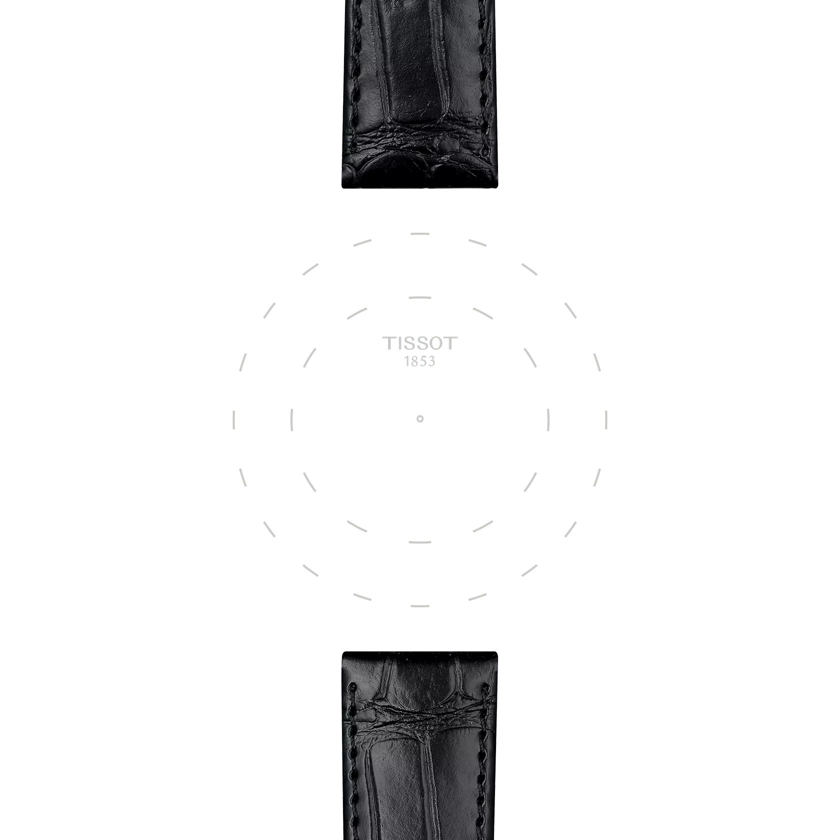 A minimalist image features two Tissot Official Black Leather Strap Lugs 20 mm—one positioned at the top and one at the bottom—set against a white background with the Tissot logo and faint clock markings in the center.