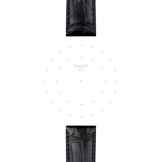 A minimalist image features two Tissot Official Black Leather Strap Lugs 20 mm—one positioned at the top and one at the bottom—set against a white background with the Tissot logo and faint clock markings in the center.