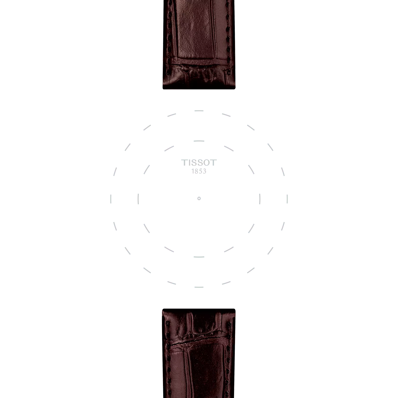 Two Tissot Official Brown Leather Strap Lugs (20 mm) frame a blank watch face marked only with dotted hour lines and "TISSOT 1853" in the center, set against a plain white background.