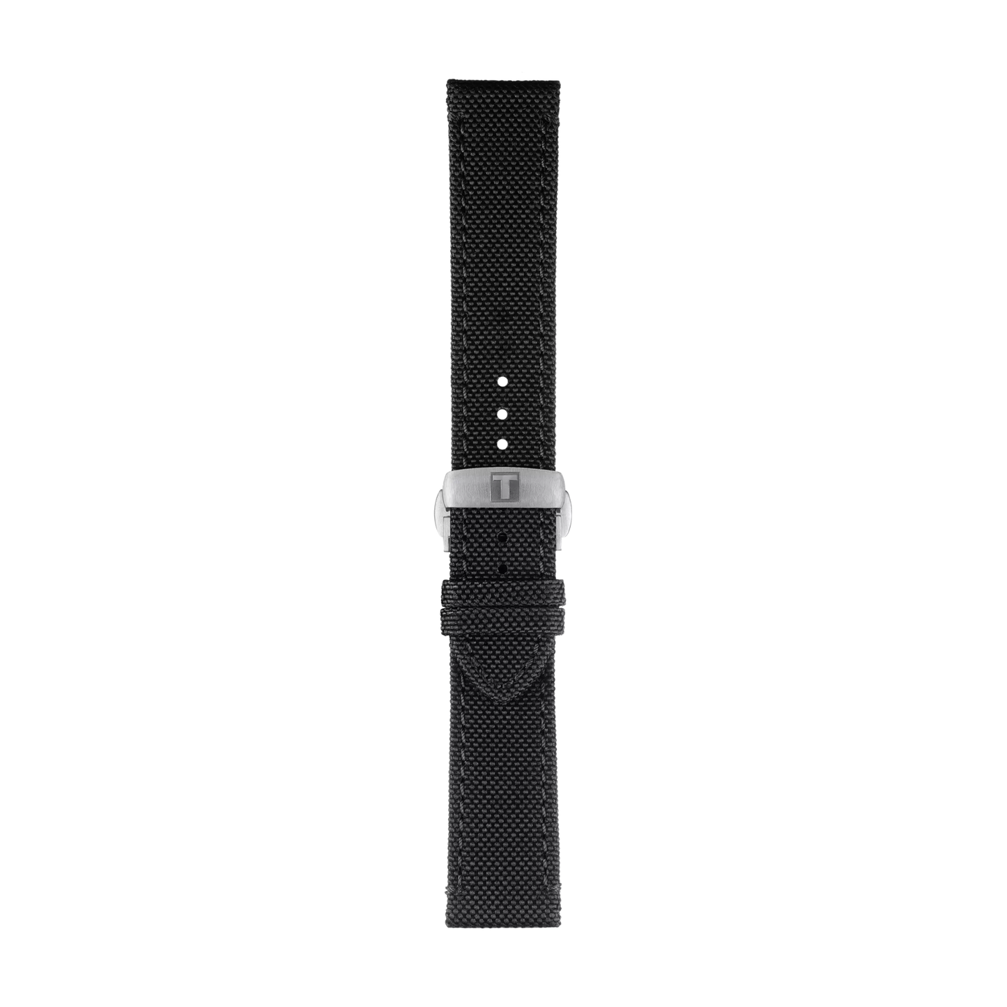 A Tissot Official Black Fabric Strap with 21 mm lugs, featuring a silver buckle adorned with the "T" logo, is displayed on a white background. The strap showcases multiple adjustment holes and a textured surface.