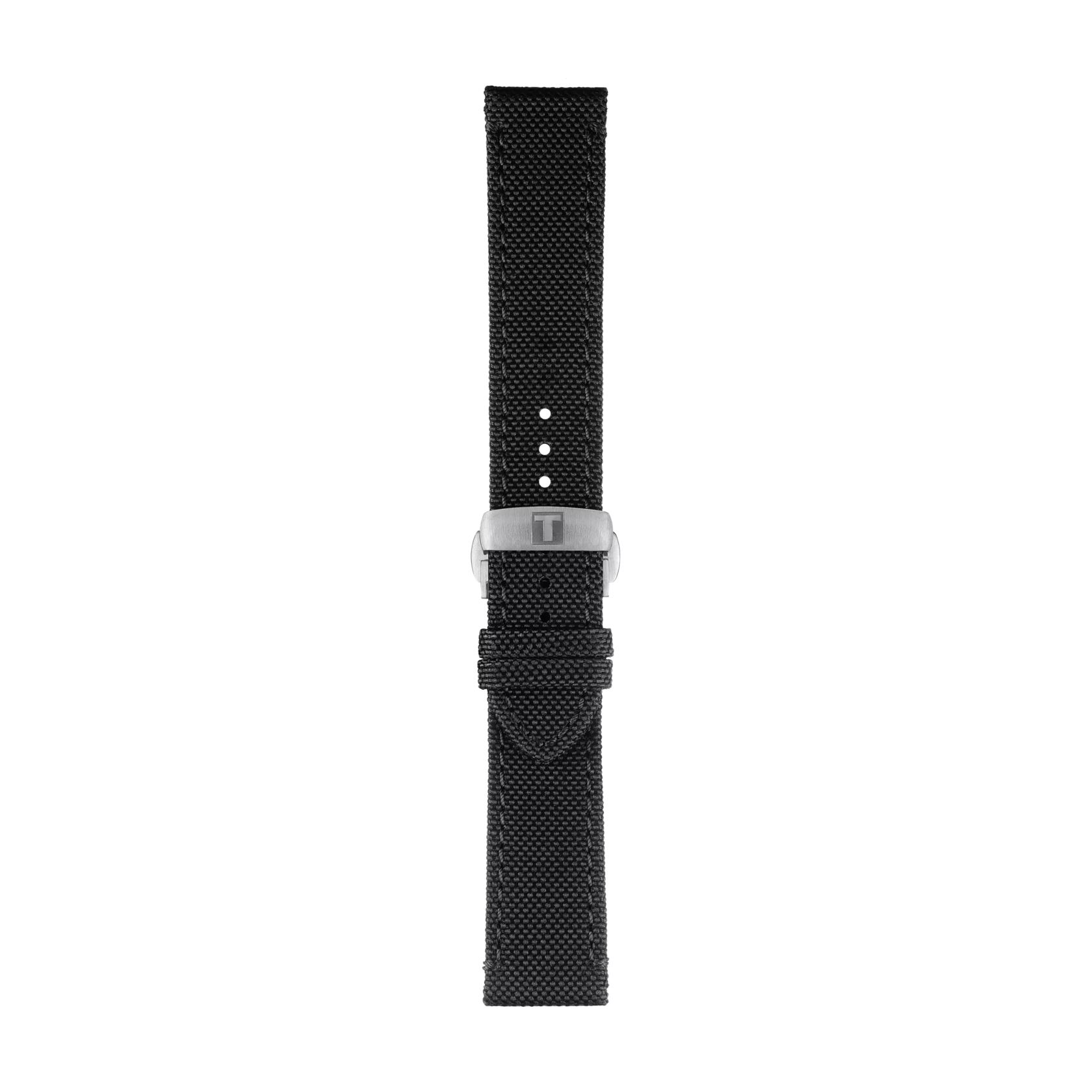 A Tissot Official Black Fabric Strap with 21 mm lugs, featuring a silver buckle adorned with the "T" logo, is displayed on a white background. The strap showcases multiple adjustment holes and a textured surface.