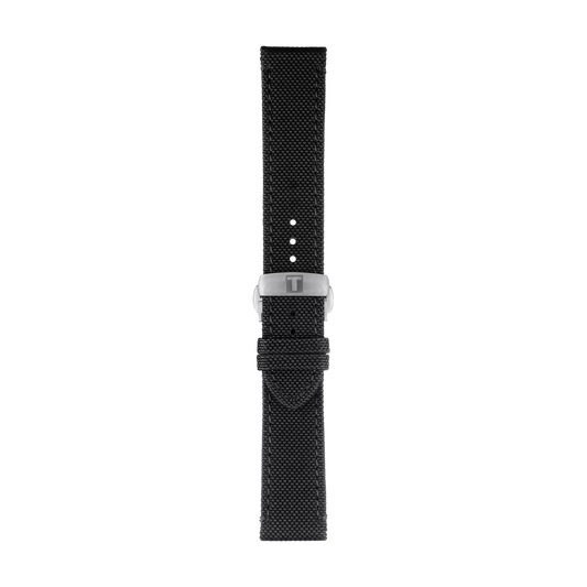 A Tissot Official Black Fabric Strap with 21 mm lugs, featuring a silver buckle adorned with the "T" logo, is displayed on a white background. The strap showcases multiple adjustment holes and a textured surface.
