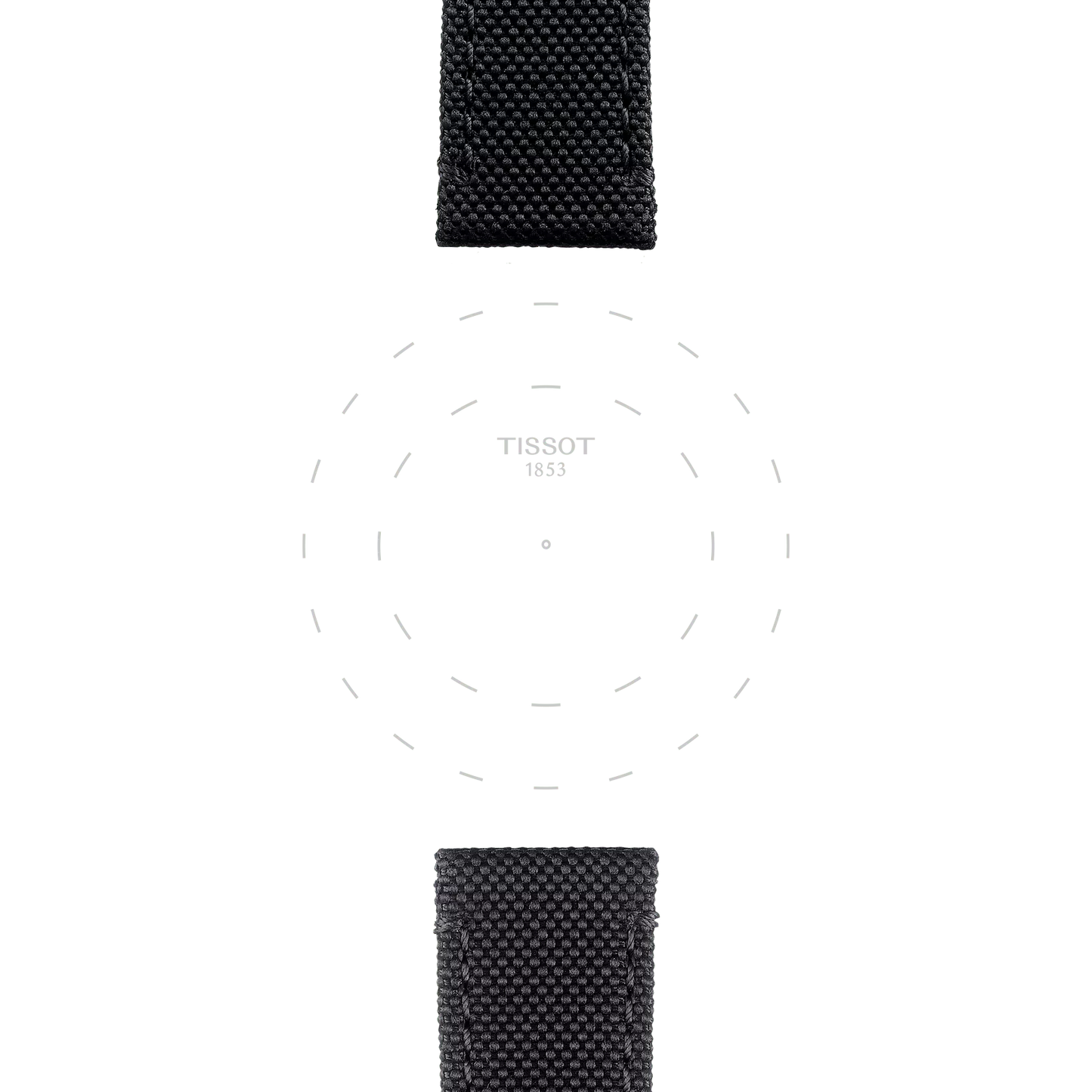 Black Tissot Official Black Fabric Strap (Lugs 21 mm) positioned at the top and bottom of the image, framing a blank white watch face in the center that features only the "Tissot 1853" logo and subtle gray dashed circles, with no hands or numbers.