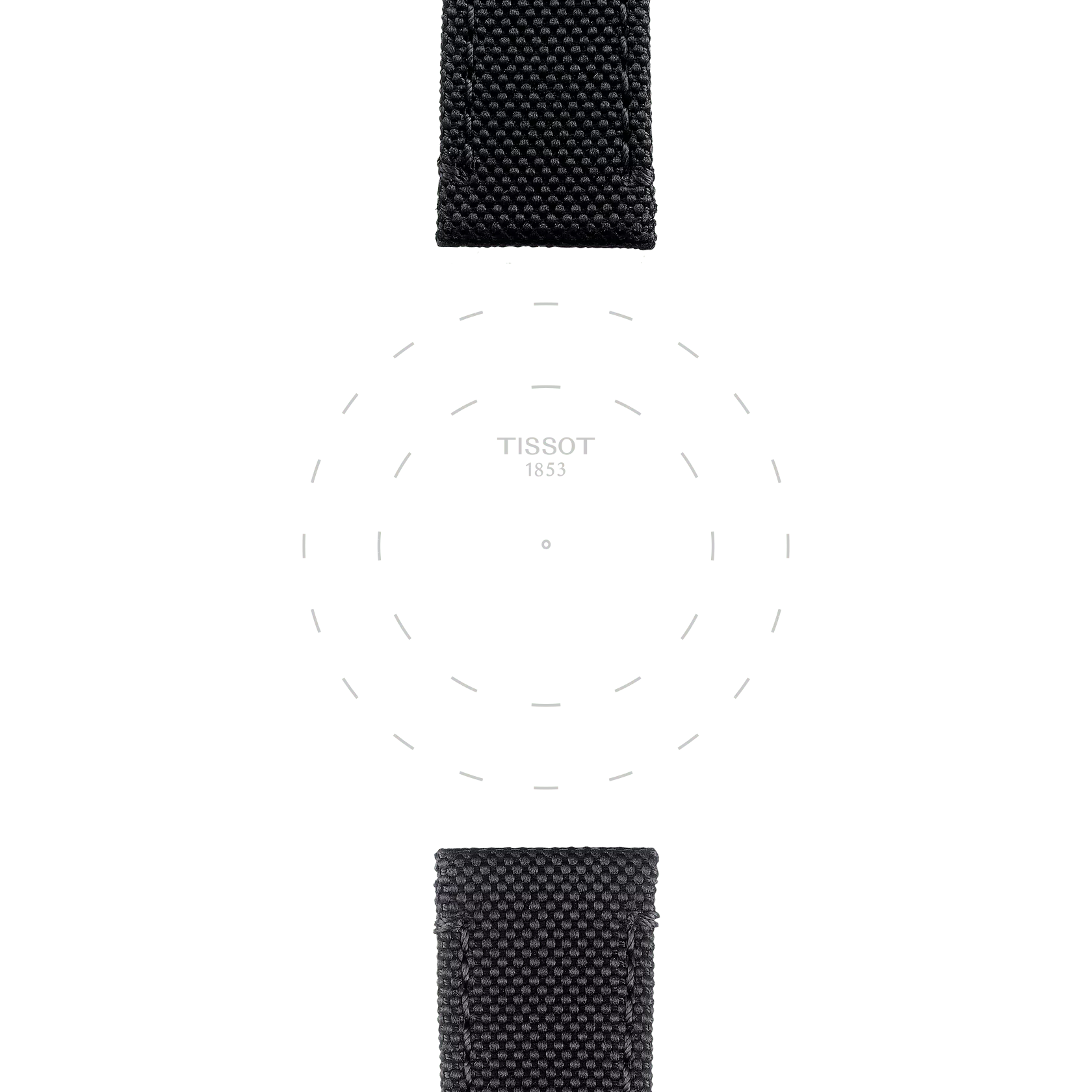 Black Tissot Official Black Fabric Strap (Lugs 21 mm) positioned at the top and bottom of the image, framing a blank white watch face in the center that features only the "Tissot 1853" logo and subtle gray dashed circles, with no hands or numbers.