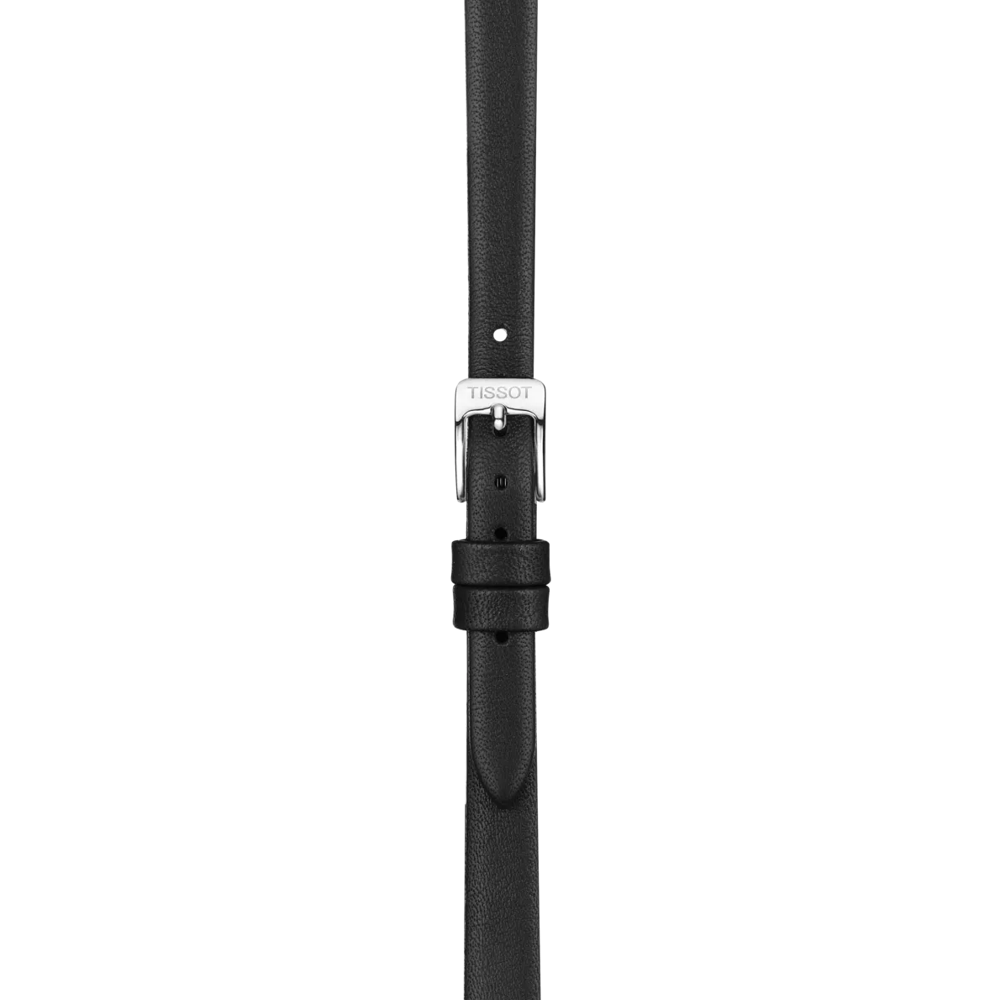 A close-up of the Tissot Official Black Leather Strap Lugs 09 mm, featuring a black leather band with a silver buckle engraved with "TISSOT," displayed against a plain white background.