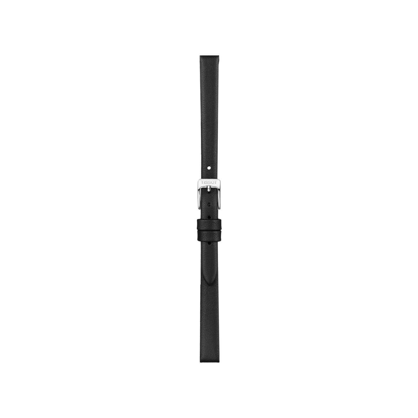 A Tissot Official Black Leather Strap with 9 mm lugs and a silver buckle, displayed vertically on a plain white background.