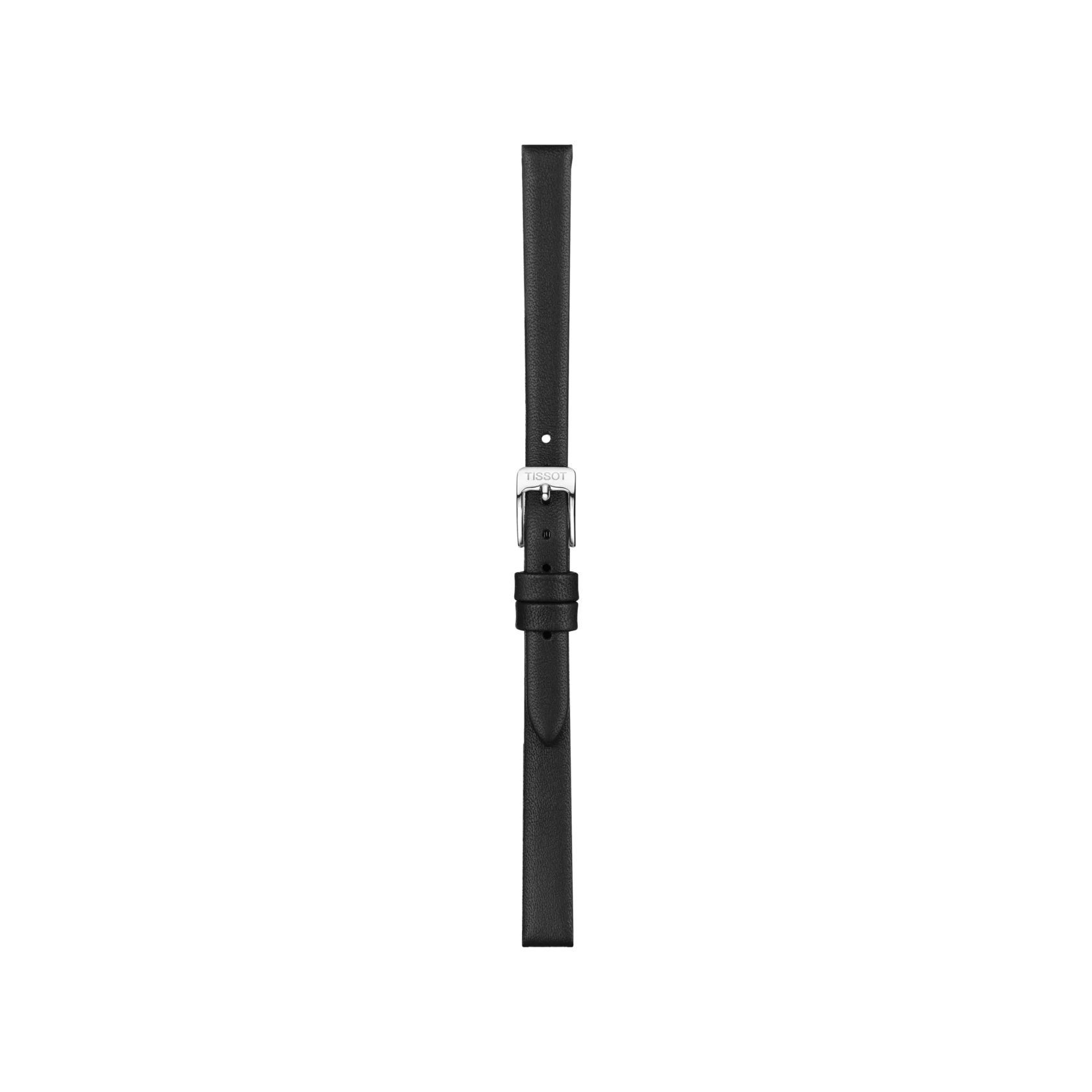 A Tissot Official Black Leather Strap with 9 mm lugs and a silver buckle, displayed vertically on a plain white background.