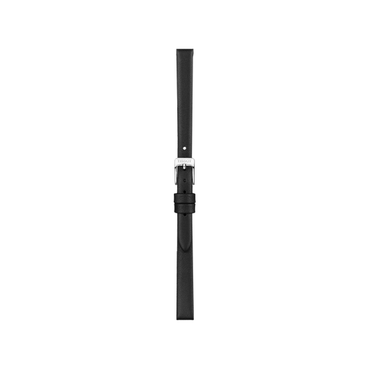 A Tissot Official Black Leather Strap with 9 mm lugs and a silver buckle, displayed vertically on a plain white background.