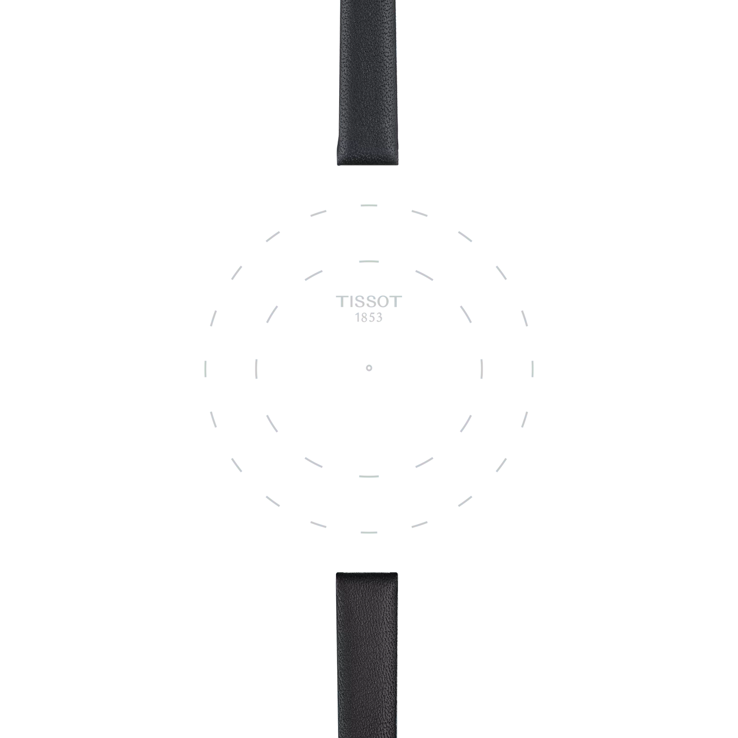 Minimalist watch face featuring the "TISSOT 1853" text at the center, encircled by dotted outlines, and two Tissot Official Black Leather Strap Lugs (09 mm) extending from the top and bottom. The watch hands and case are not shown.