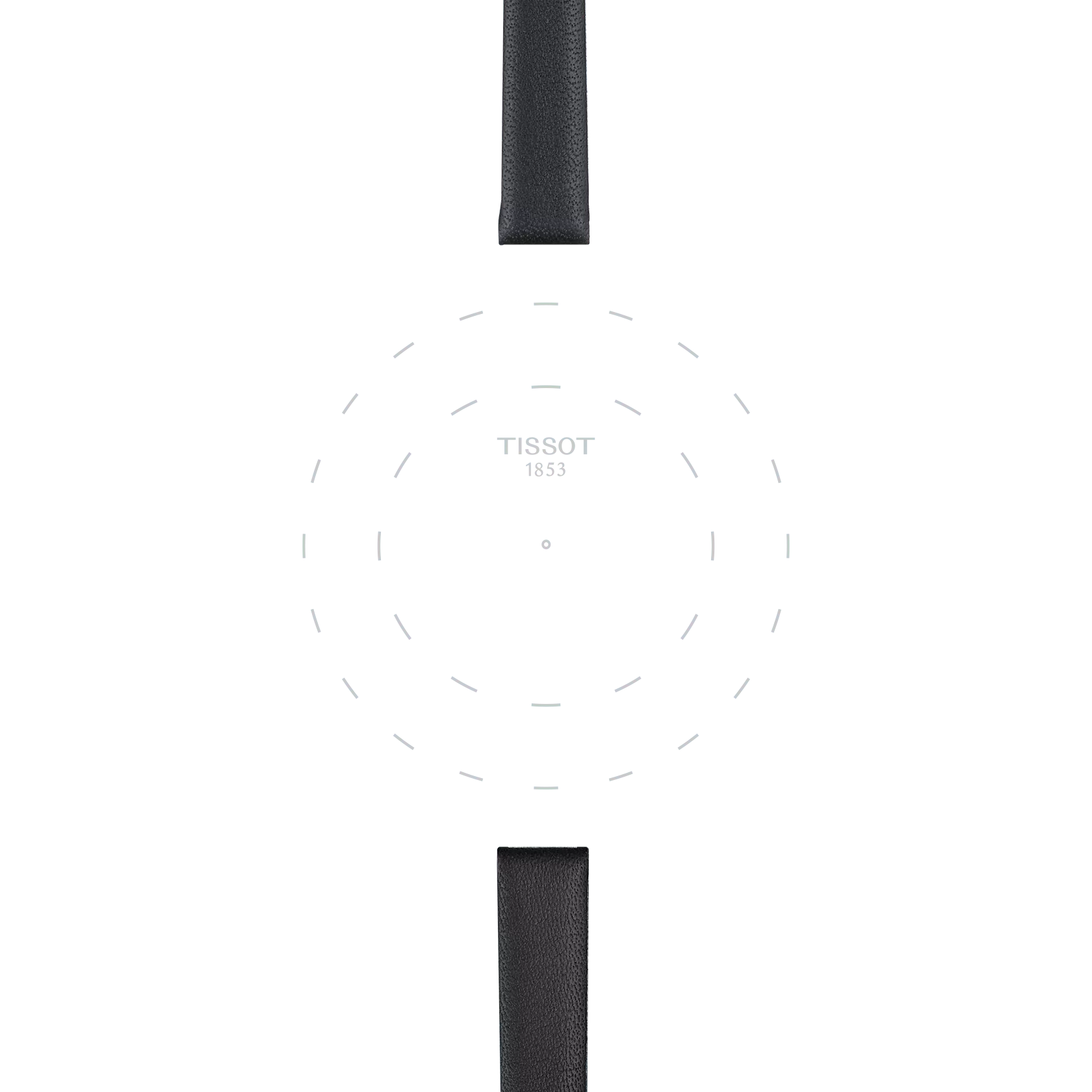 Minimalist watch face featuring the "TISSOT 1853" text at the center, encircled by dotted outlines, and two Tissot Official Black Leather Strap Lugs (09 mm) extending from the top and bottom. The watch hands and case are not shown.