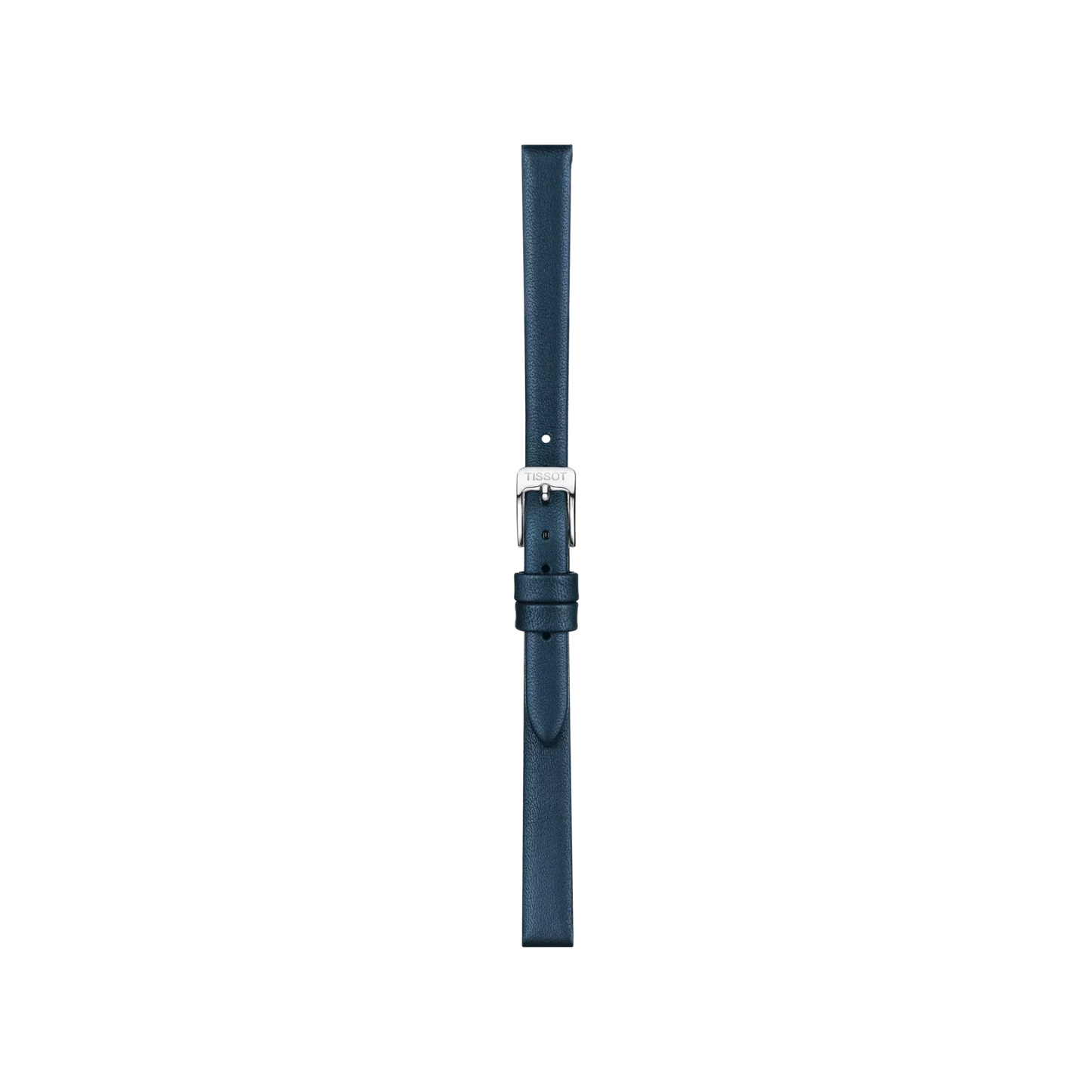 The Tissot Official Blue Leather Strap Lugs 09 mm is a dark blue leather watch strap from Tissot, featuring a silver buckle. Displayed against a plain white background, the strap has a straight, unused appearance with a single loop holder and a minimalist design.