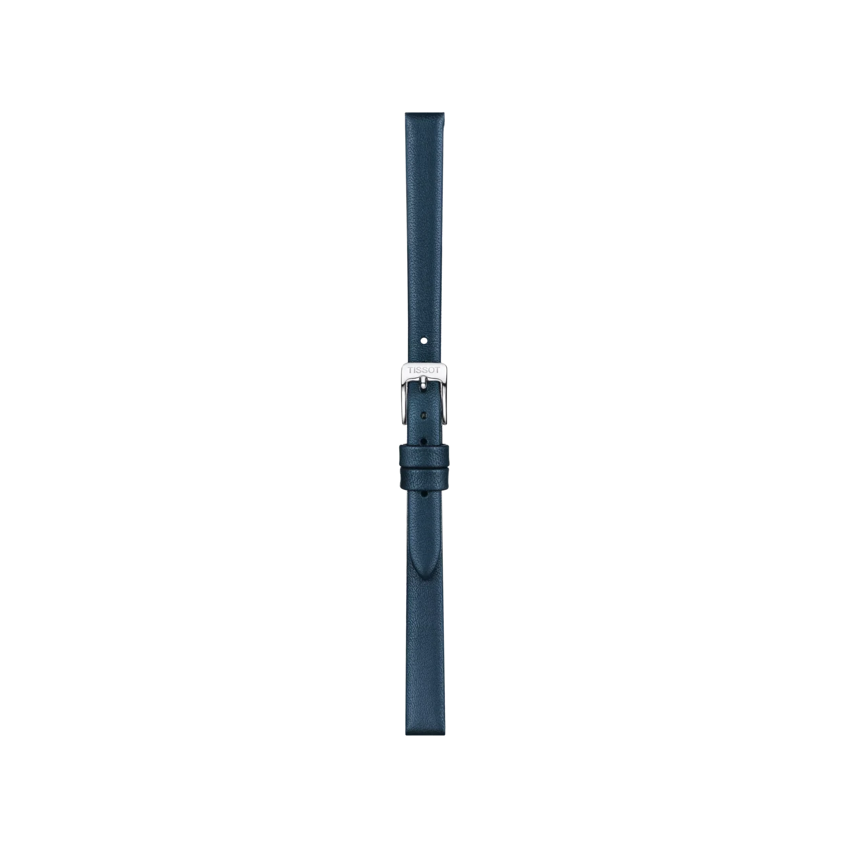 The Tissot Official Blue Leather Strap Lugs 09 mm is a dark blue leather watch strap from Tissot, featuring a silver buckle. Displayed against a plain white background, the strap has a straight, unused appearance with a single loop holder and a minimalist design.
